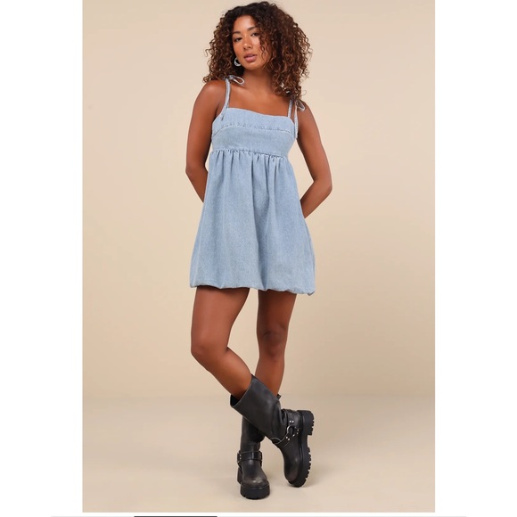 Lulus Charmed Aura Light Wash Blue Denim Tie-Strap Bubble Hem Mini Dress NWT Med - Picture 3 of 15